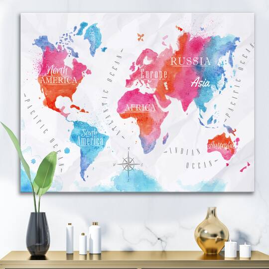Designart - World Map In and Blue